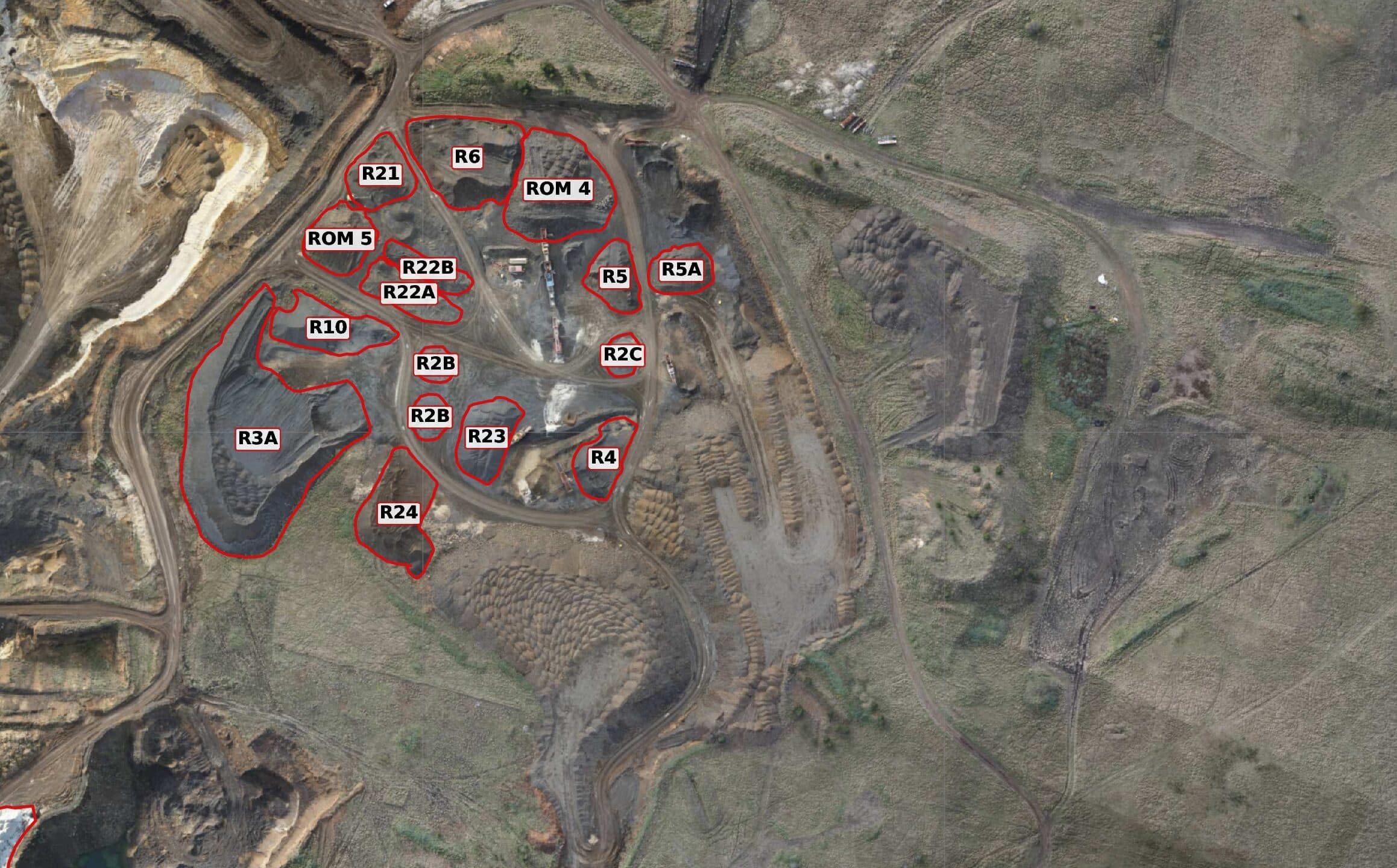 Measured stockpile toe outlines labelled per pile over a current aerial capture